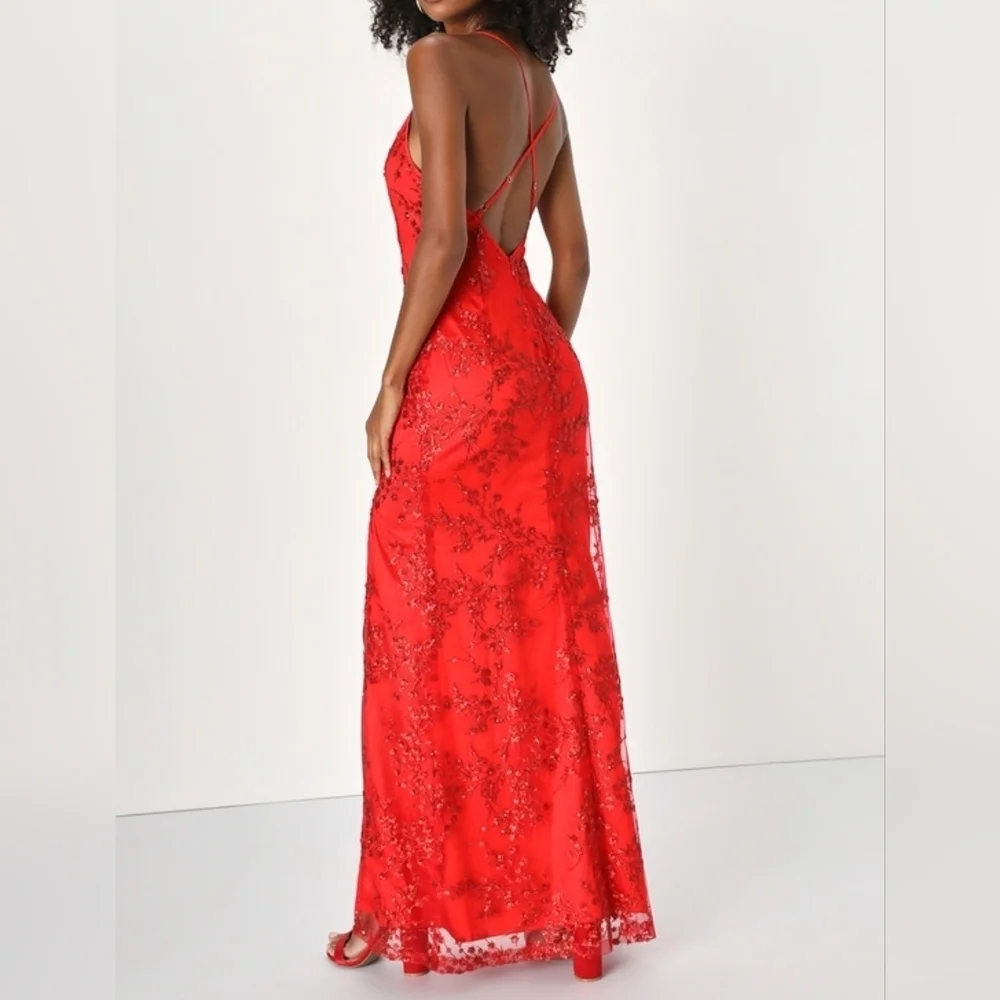 Lulus Blissful Blossoms Red Sequin Backless Embroidered Mesh Maxi Dress - XL